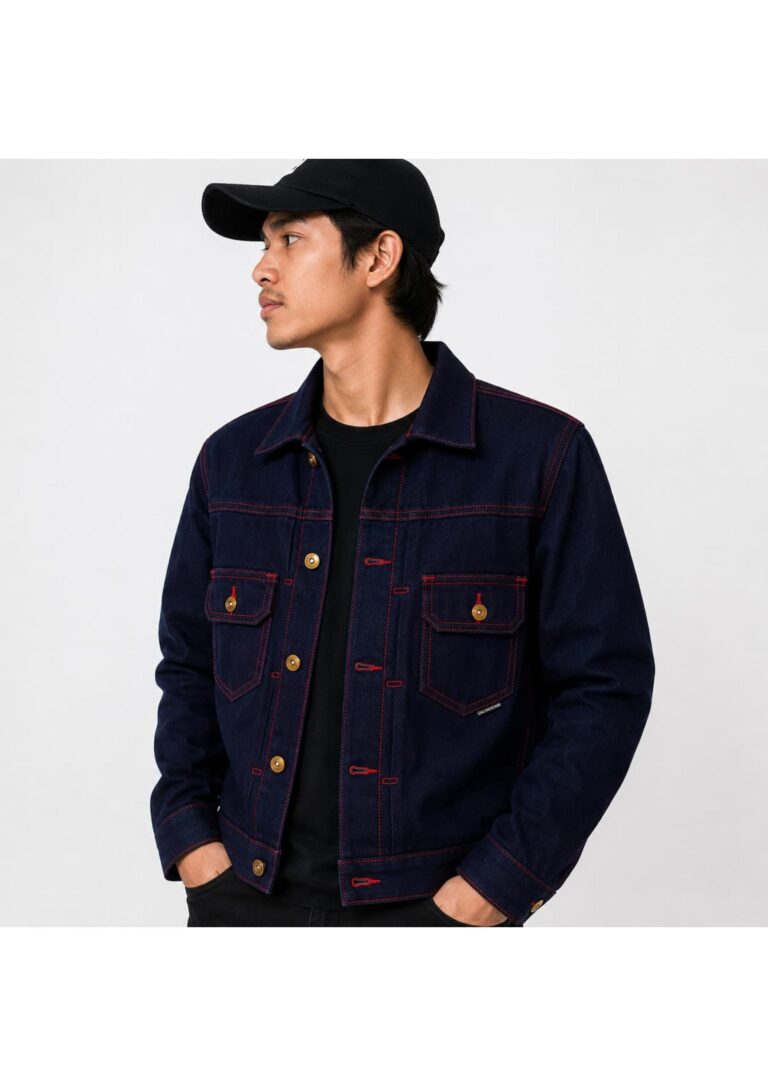 Jaket denim weft merah 15 oz